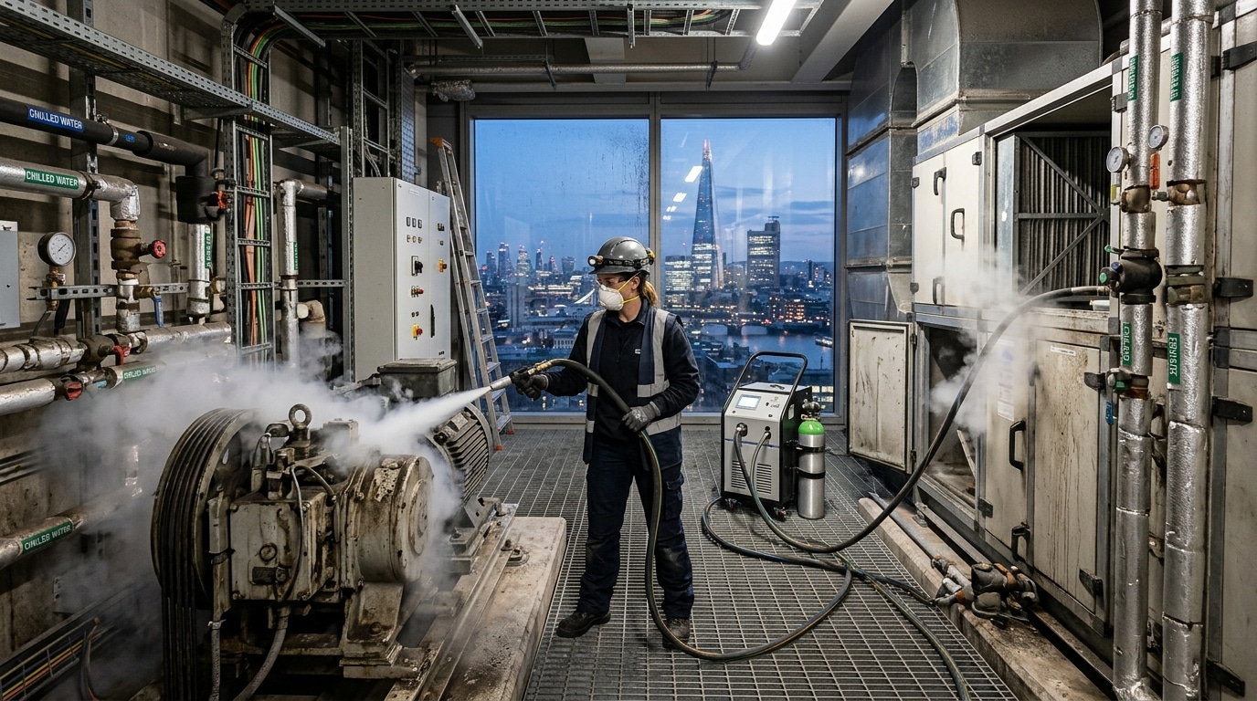ניקוי חדר מכונות מעליות ו-HVAC במגדל בקרח יבש – ICS